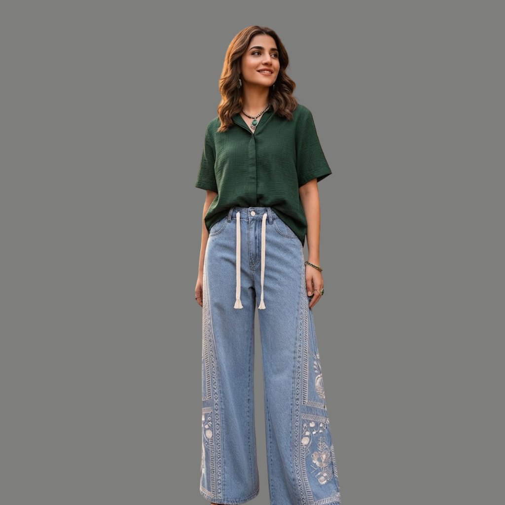Oversized Embroidered Drawstring Wide Leg Jeans