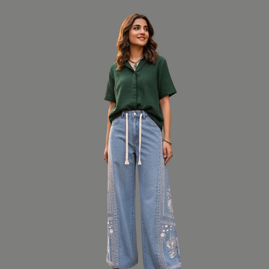Oversized Embroidered Drawstring Wide Leg Jeans