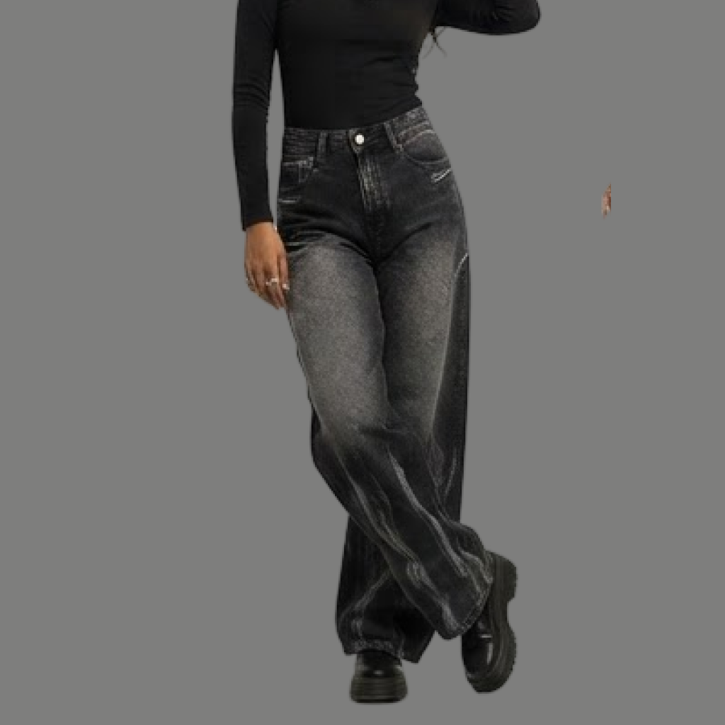 Oversized Wide Leg Flame Graphic Denim Jeans