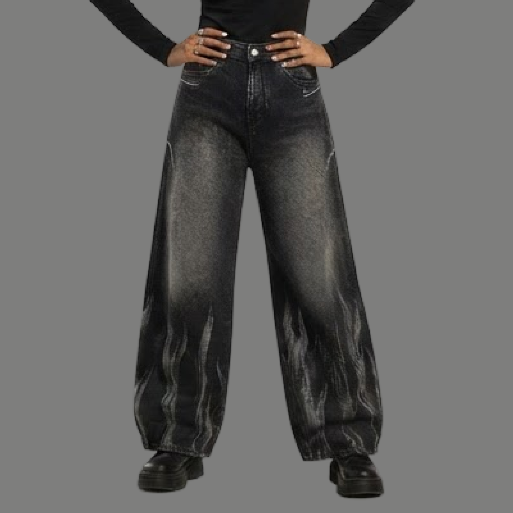 Oversized Wide Leg Flame Graphic Denim Jeans
