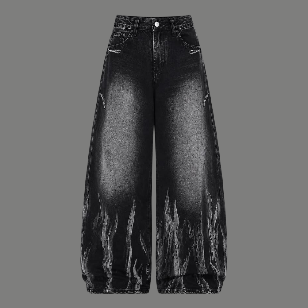 Oversized Wide Leg Flame Graphic Denim Jeans