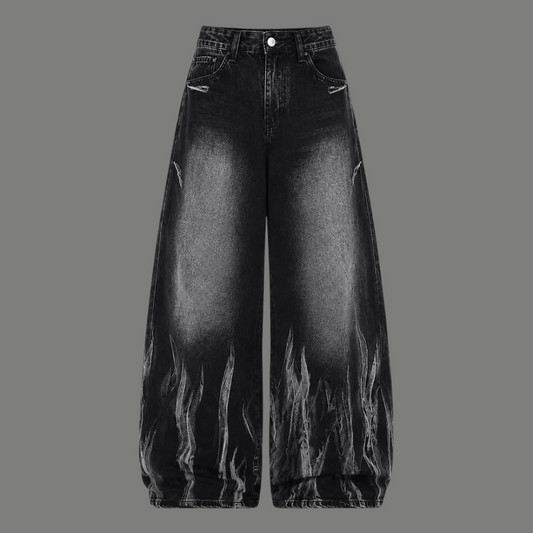 Oversized Wide Leg Flame Graphic Denim Jeans