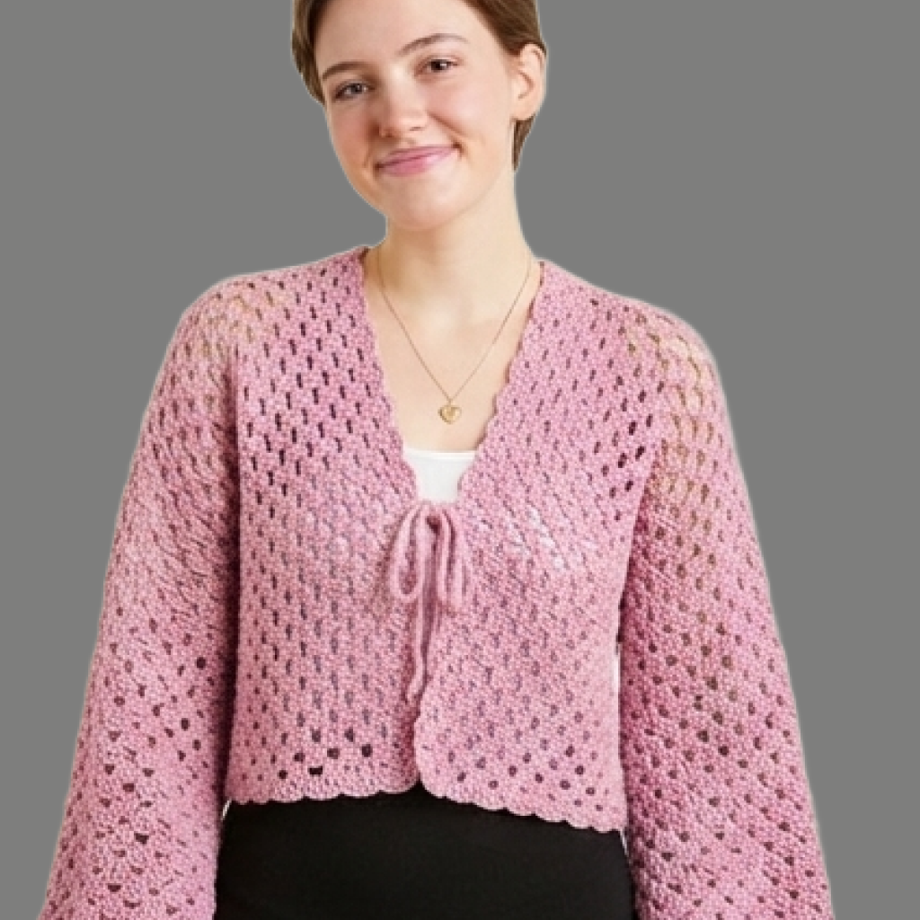 Open Front Crochet Tie Front Bell Sleeve Cardigan