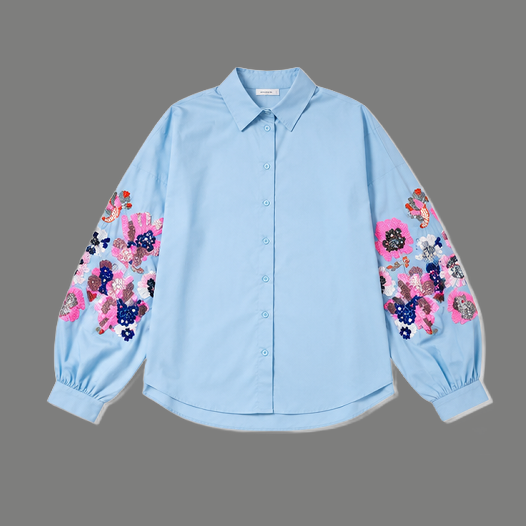 Embellished Floral Balloon Sleeve Button Down Shirt