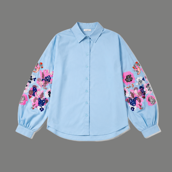 Embellished Floral Balloon Sleeve Button Down Shirt