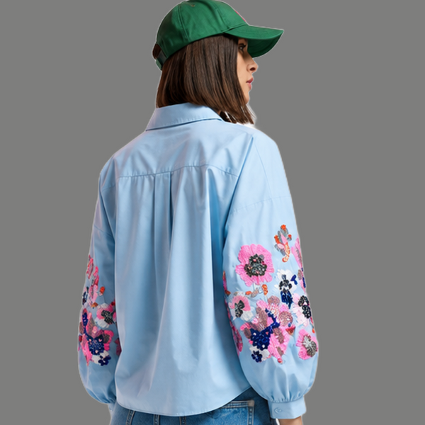 Embellished Floral Balloon Sleeve Button Down Shirt