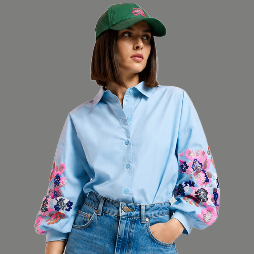 Embellished Floral Balloon Sleeve Button Down Shirt