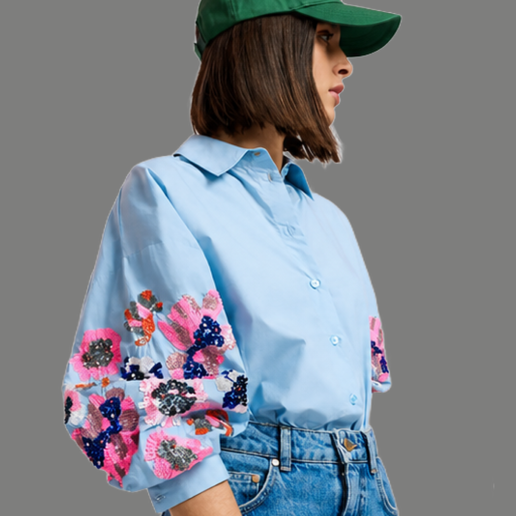Embellished Floral Balloon Sleeve Button Down Shirt