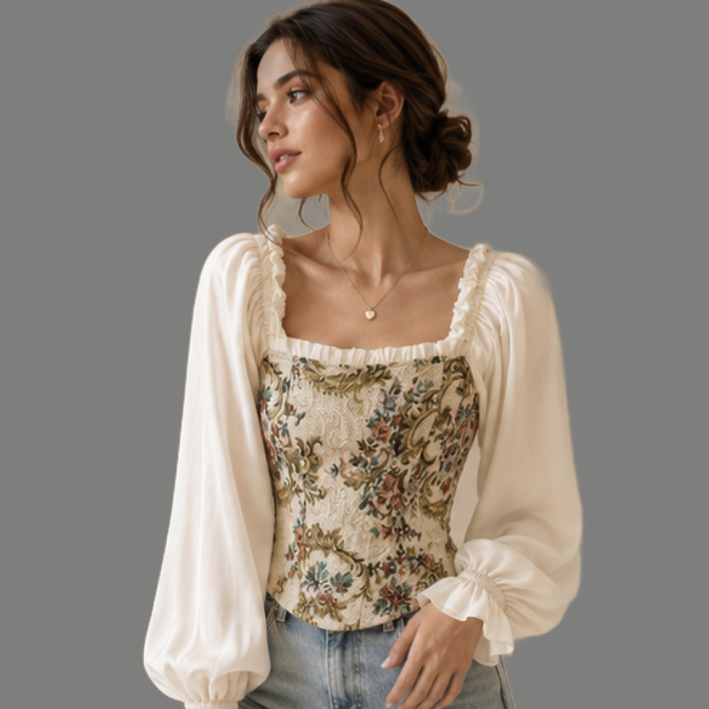 Tapestry Floral Corset Long Lantern Sleeve Top