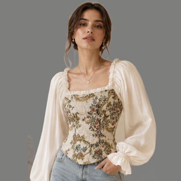 Tapestry Floral Corset Long Lantern Sleeve Top
