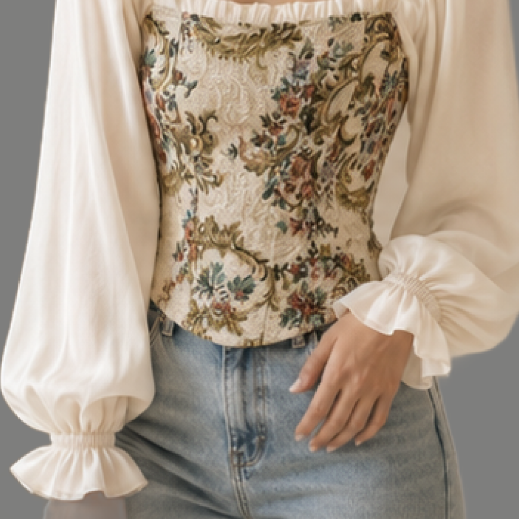 Tapestry Floral Corset Long Lantern Sleeve Top