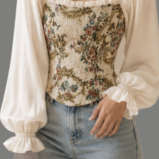 Tapestry Floral Corset Long Lantern Sleeve Top