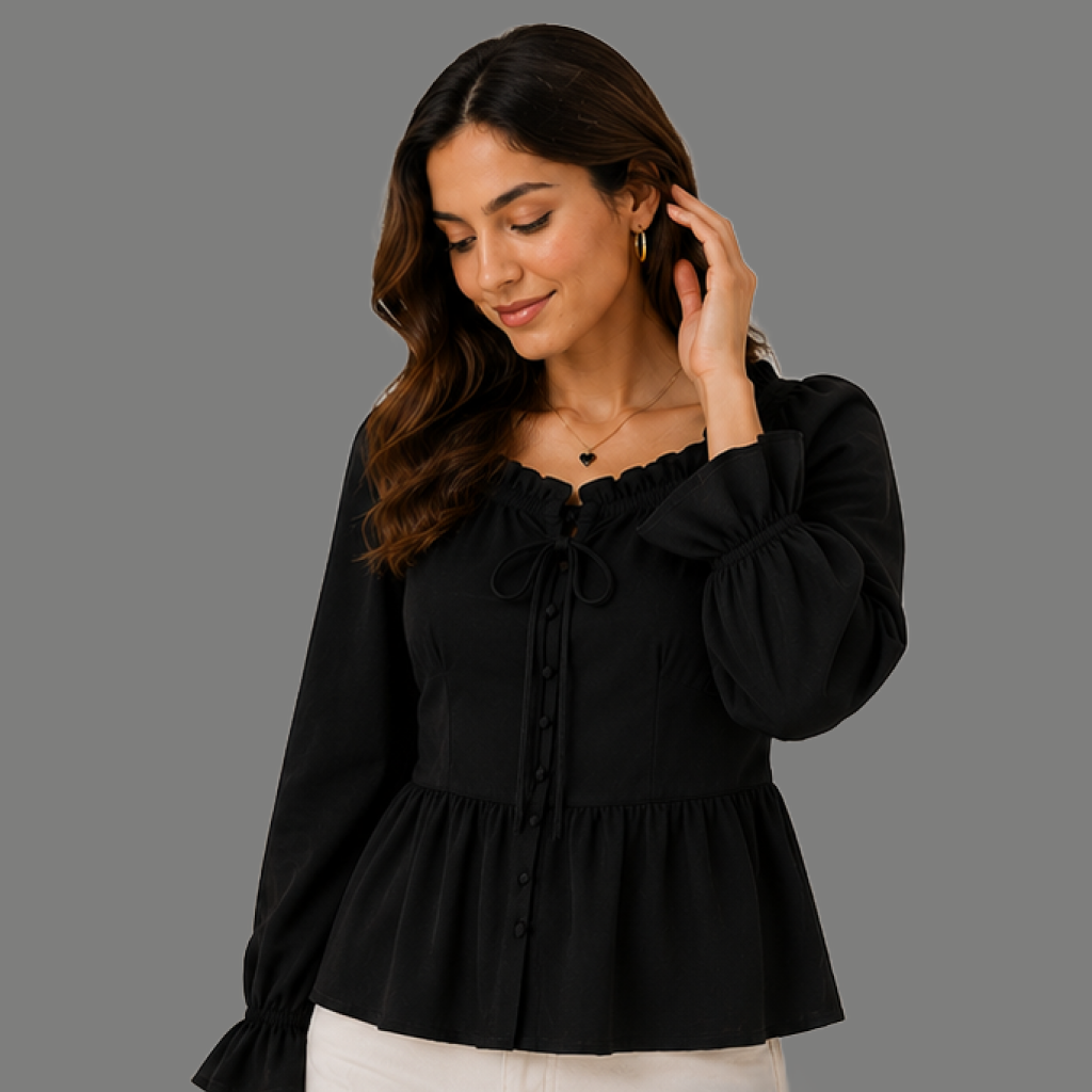 Sweetheart Neck Ruffled Peplum Long Sleeve Top