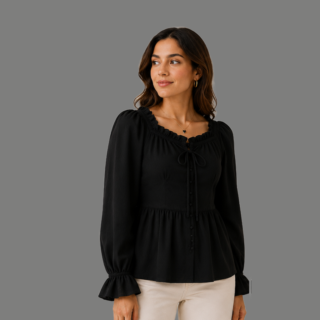 Sweetheart Neck Ruffled Peplum Long Sleeve Top