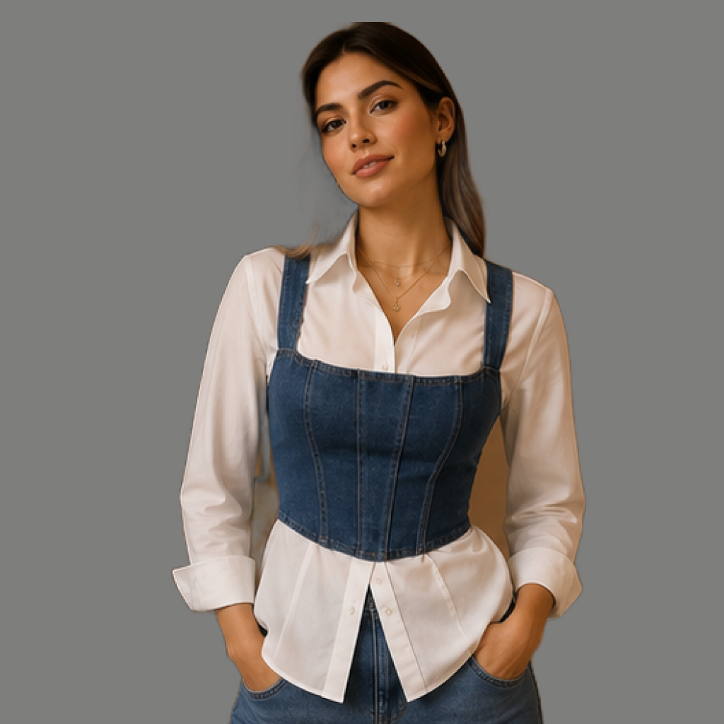 Layered Denim Corset Button Down Shirt Top