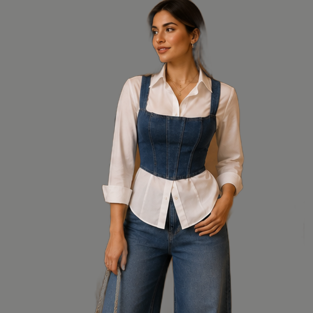 Layered Denim Corset Button Down Shirt Top