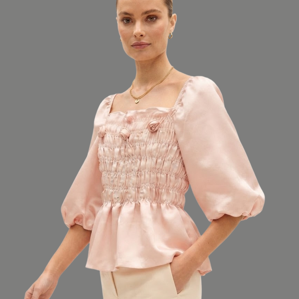 Smocked Rosette Accent Puff Sleeve Peplum Top