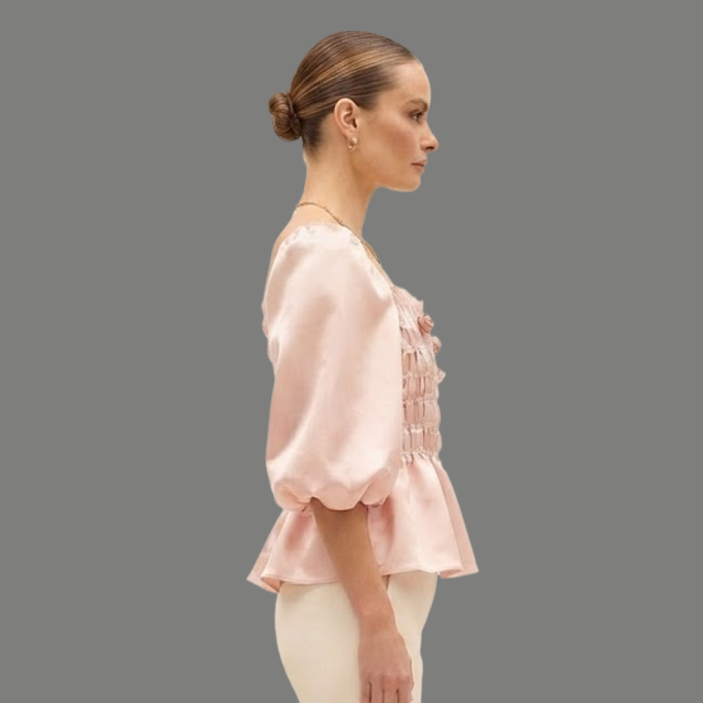 Smocked Rosette Accent Puff Sleeve Peplum Top