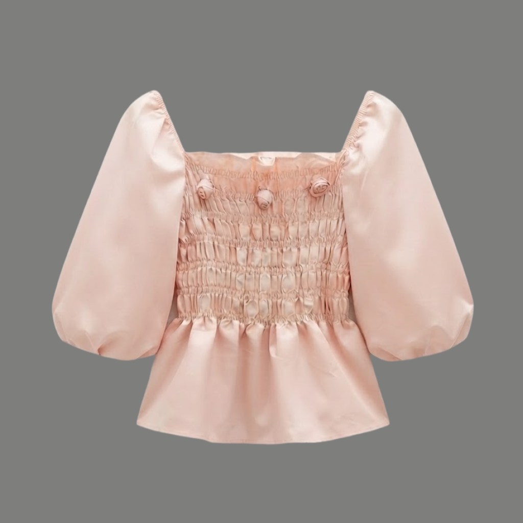 Smocked Rosette Accent Puff Sleeve Peplum Top