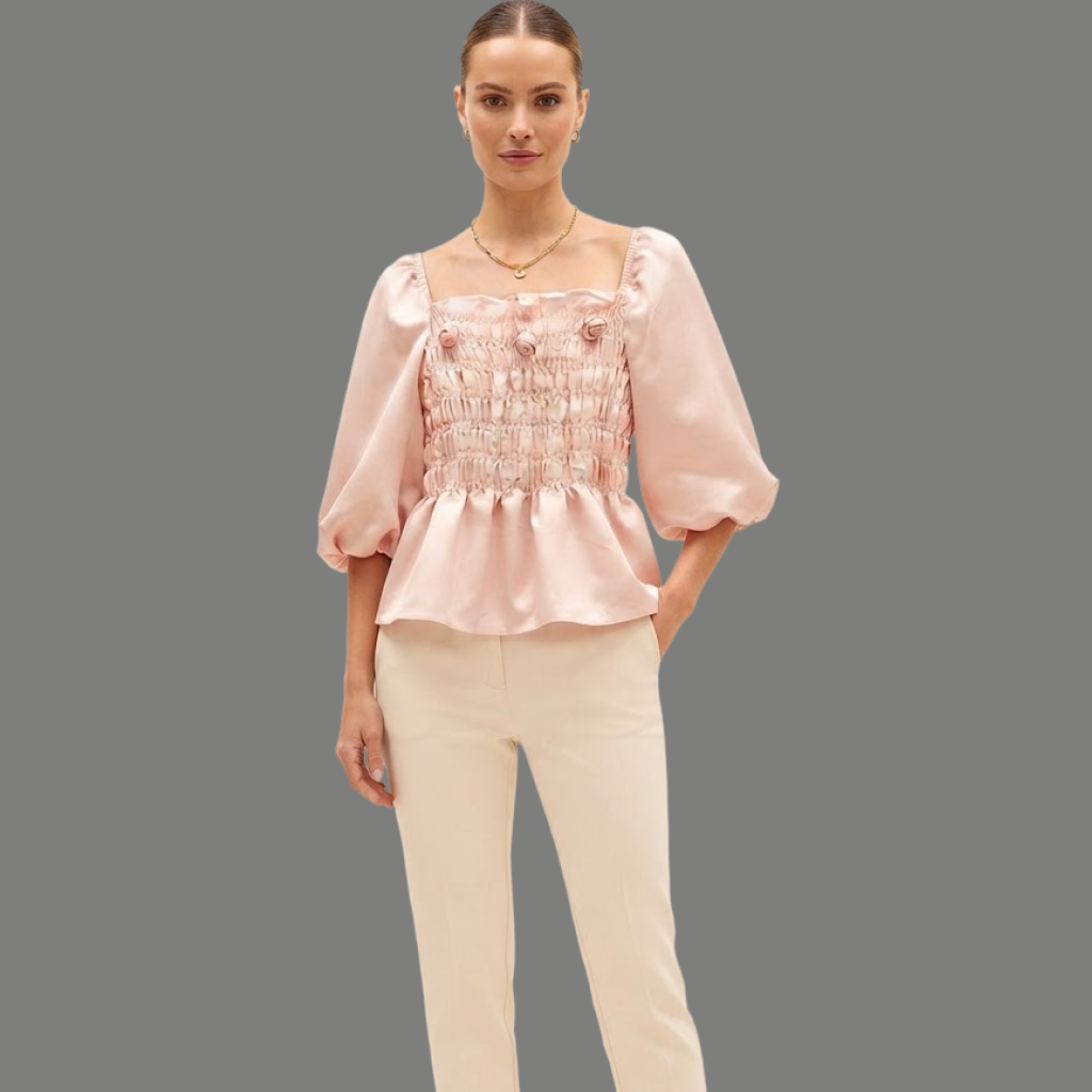 Smocked Rosette Accent Puff Sleeve Peplum Top