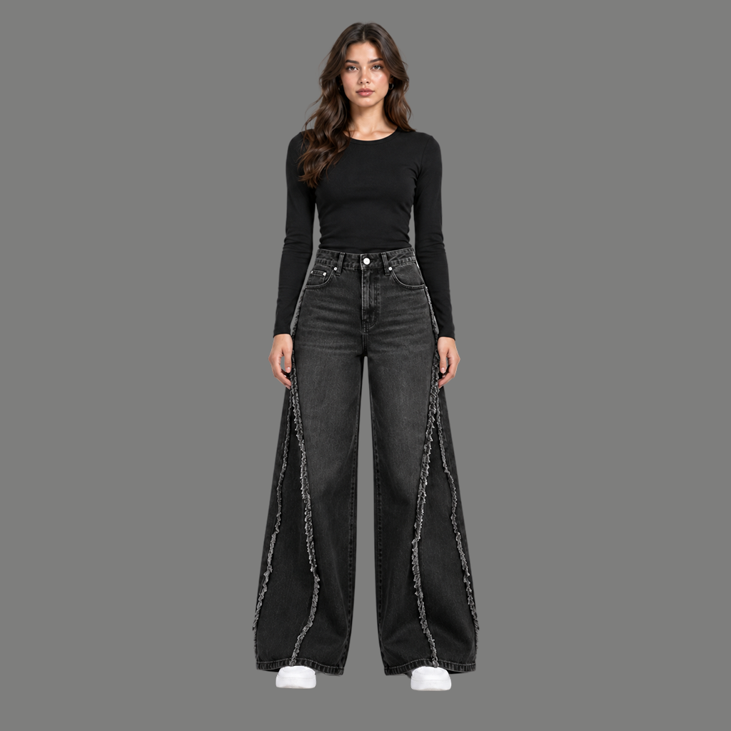 Fringe Seam Flare Jeans – Black Wash