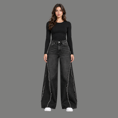 Fringe Seam Flare Jeans – Black Wash