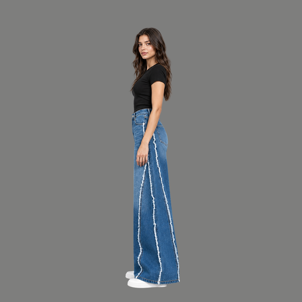 Frayed-Seam Wide Leg Jeans – Mid Blue