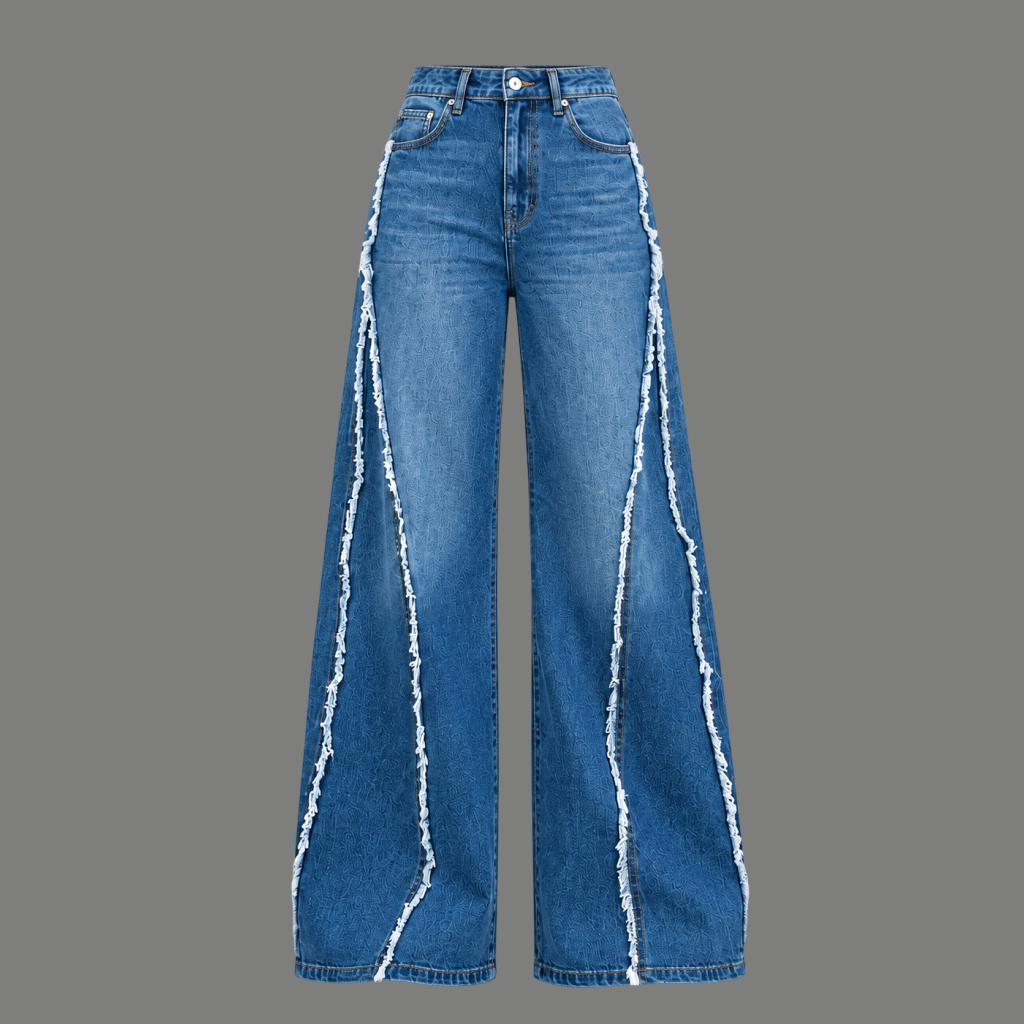 Frayed-Seam Wide Leg Jeans – Mid Blue