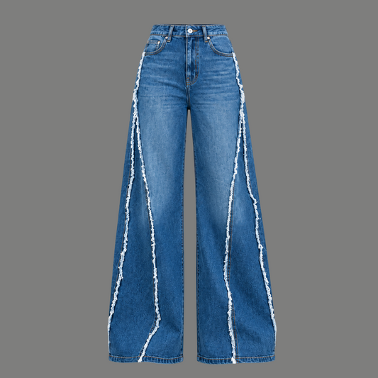 Frayed-Seam Wide Leg Jeans – Mid Blue