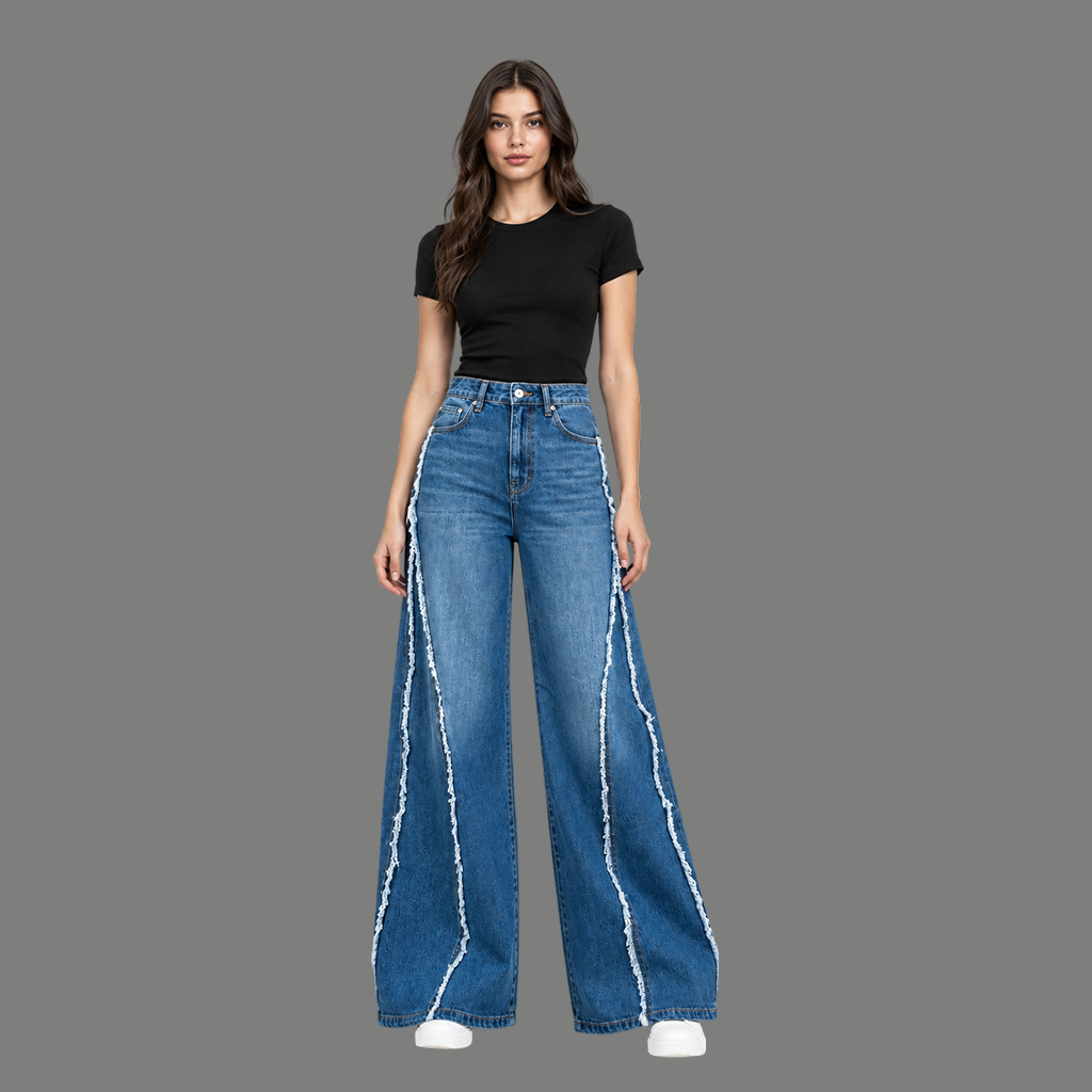 Frayed-Seam Wide Leg Jeans – Mid Blue