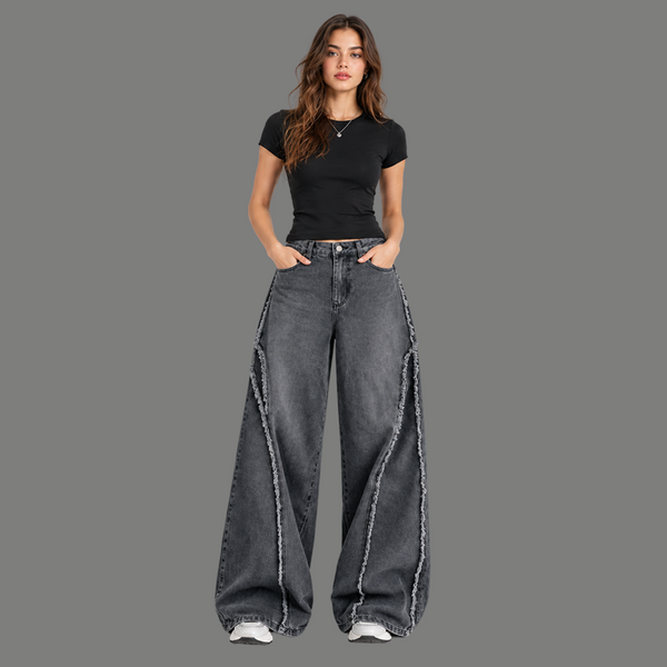 Frayed-Seam Barrel Jeans – Washed Grey