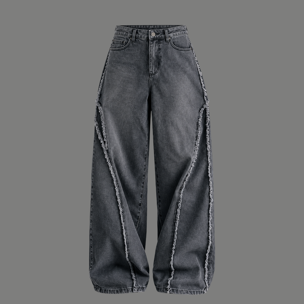 Frayed-Seam Barrel Jeans – Washed Grey
