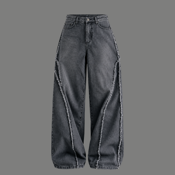 Frayed-Seam Barrel Jeans – Washed Grey