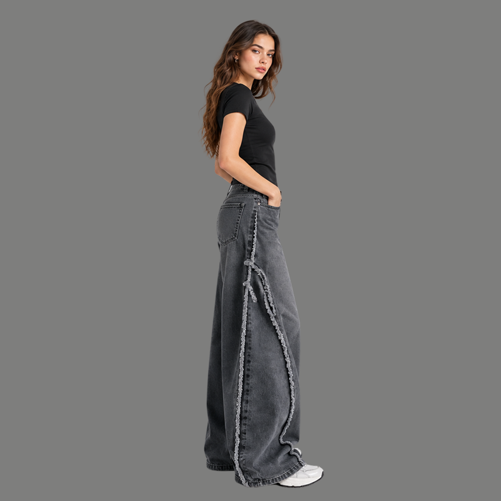 Frayed-Seam Barrel Jeans – Washed Grey