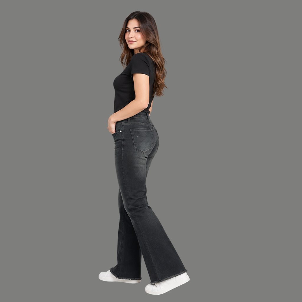 Raw Hem Flare Jeans – Washed Black