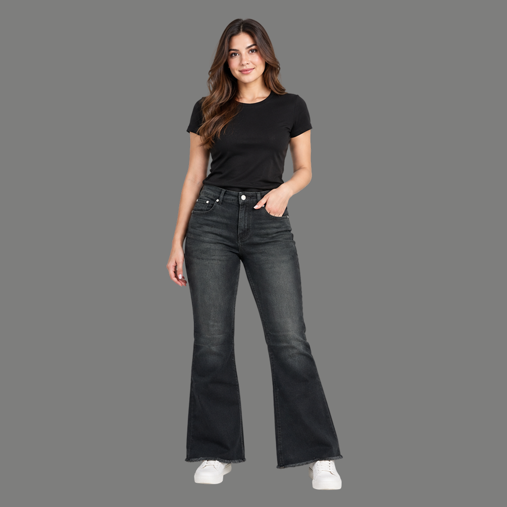 Raw Hem Flare Jeans – Washed Black