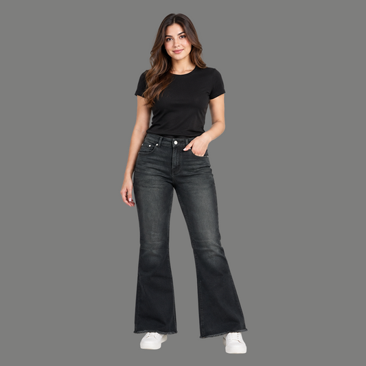 Raw Hem Flare Jeans – Washed Black