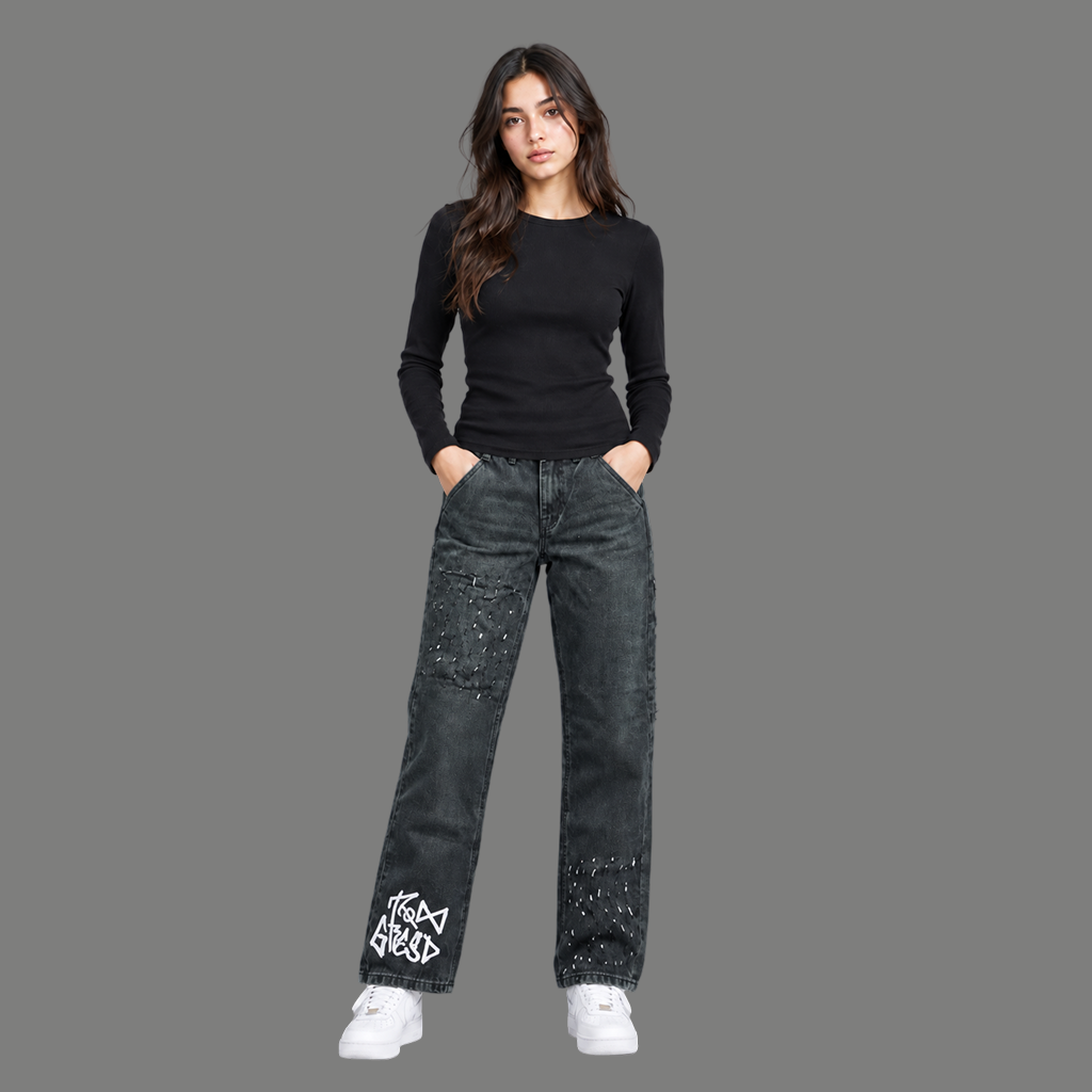 Graffiti Print Distressed Jeans – Washed Black