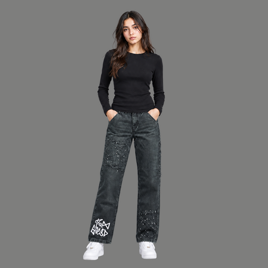 Graffiti Print Distressed Jeans – Washed Black