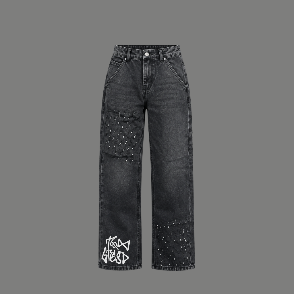 Graffiti Print Distressed Jeans – Washed Black
