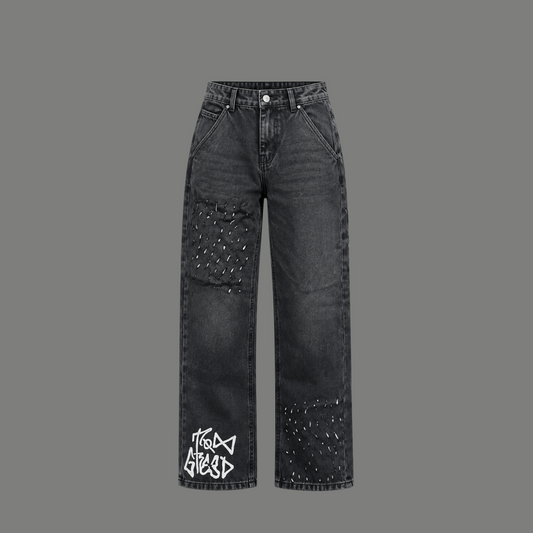 Graffiti Print Distressed Jeans – Washed Black