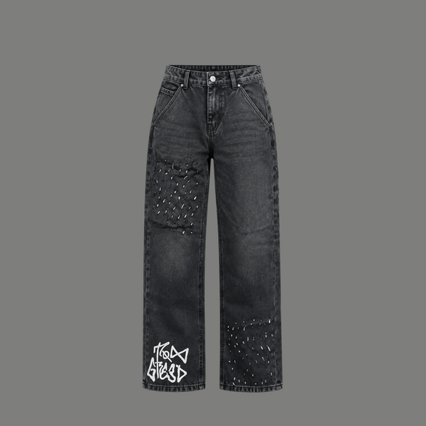 Graffiti Print Distressed Jeans – Washed Black