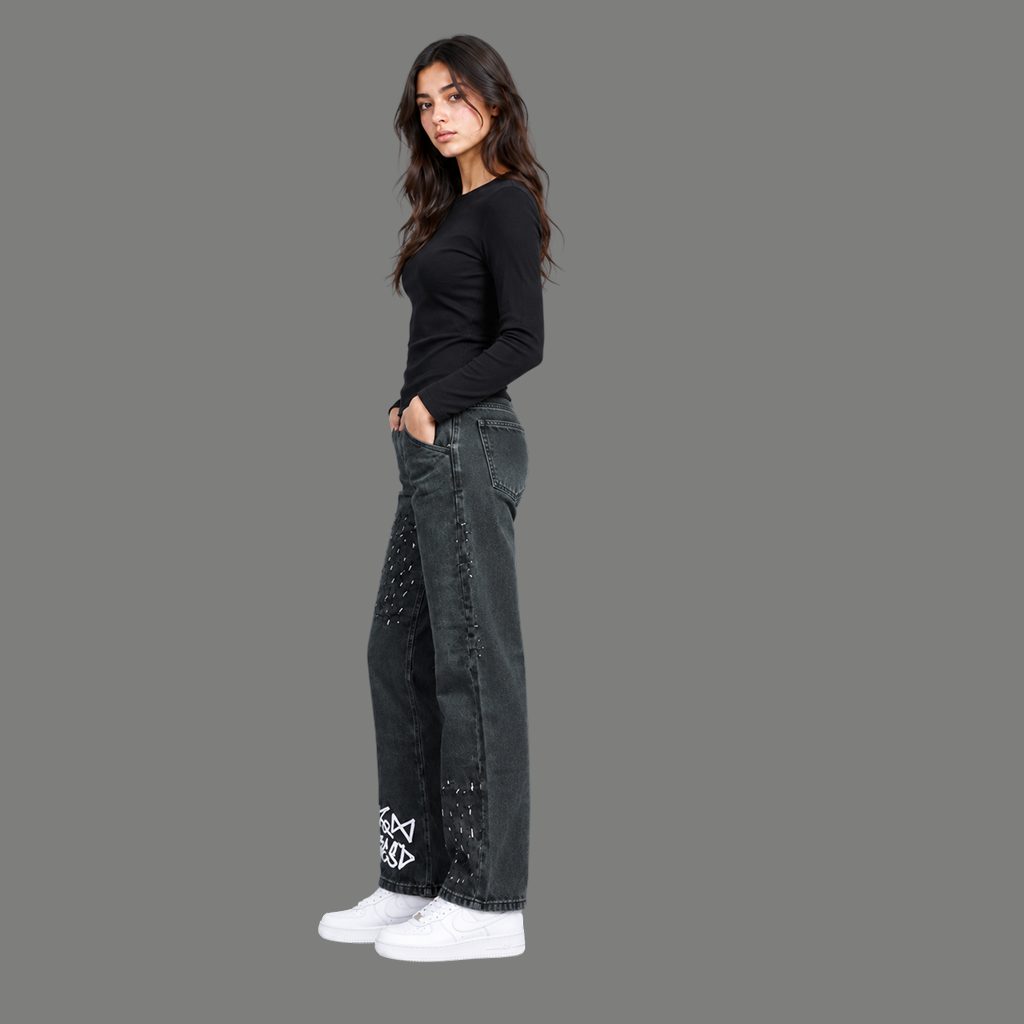Graffiti Print Distressed Jeans – Washed Black