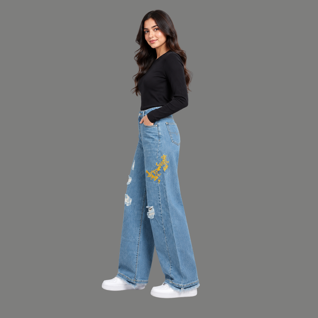 Baroque Embroidered Ripped Jeans – Light Wash