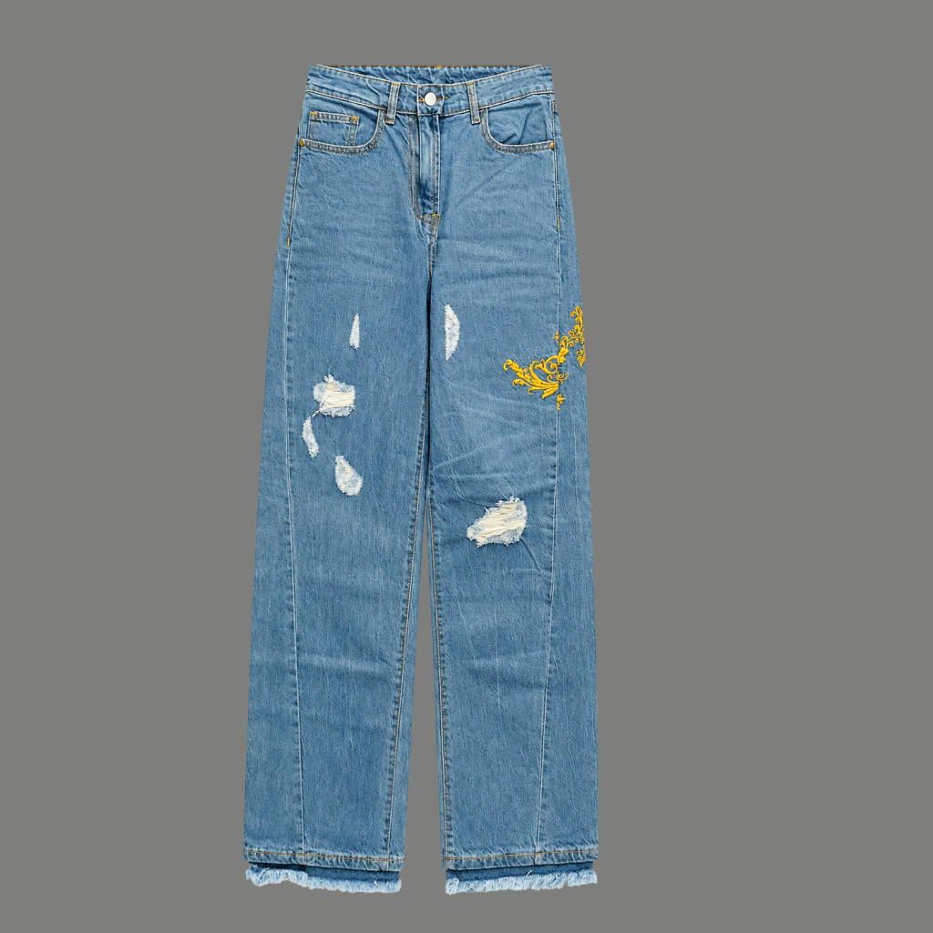 Baroque Embroidered Ripped Jeans – Light Wash