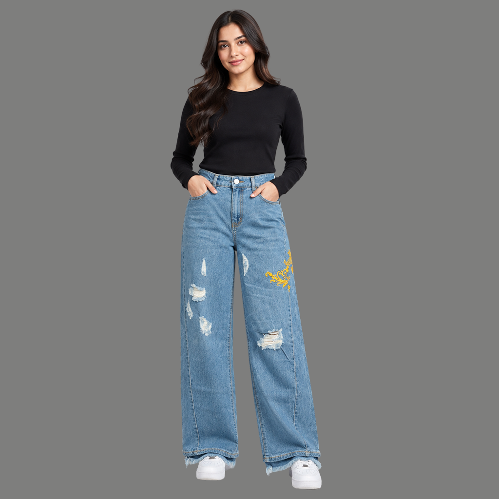 Baroque Embroidered Ripped Jeans – Light Wash