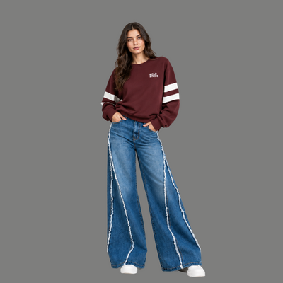 Frayed-Seam Wide Leg Jeans – Mid Blue