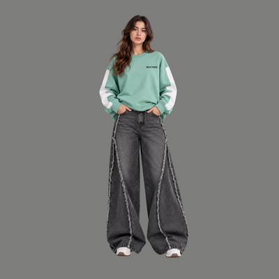 Frayed-Seam Barrel Jeans – Washed Grey