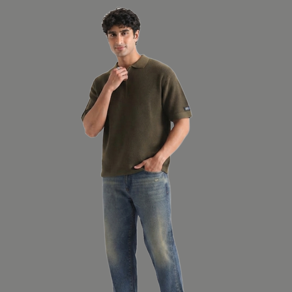Oversized Textured Quarter Zip Polo Shirt