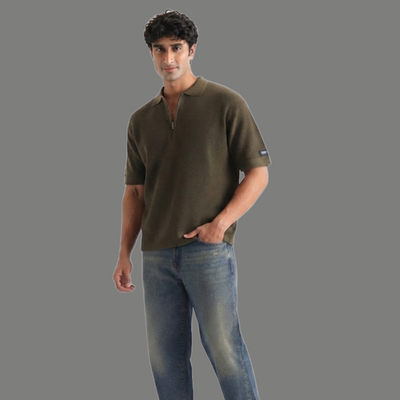 Oversized Textured Quarter Zip Polo Shirt
